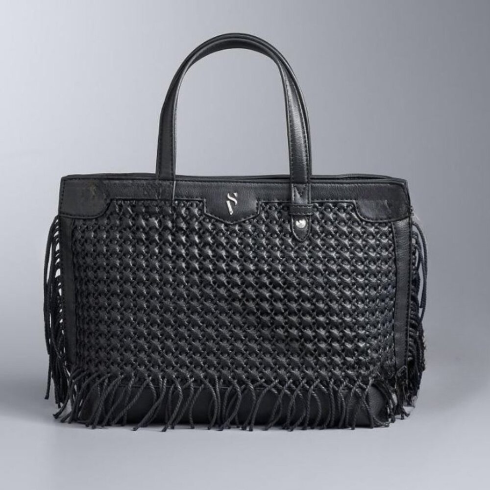 Simply Vera Wang Black Boswell Basketweave Fringe Faux Leather Black Satchel